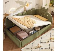 Canapé-lit hydraulique Flieks pour enfant, 90 x 190 cm, avec rangement, lit simple avec rangement, canapé-lit, tête de lit en forme de couronne, velours, vert