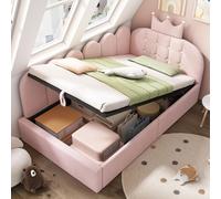 Canapé-lit hydraulique Flieks pour enfant, 90 x 200 cm, avec rangement, lit simple avec rangement, lit de jour, tête de lit en forme de couronne, velours, rose