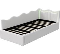 Canapé-lit - Lit simple 90x200 cm - Éclairage LED - Rangement hydraulique - Sommier à lattes - Forme en L - Tissu polaire blanc "teddy", sans matelas