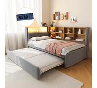 Canapé-lit Merax 90x200 cm, avec lit gigogne 90x190 cm, éclairage LED, prises de courant et connexions USB/Type-C, lit rembourré avec beaucoup de rangement et de compartiments, revêtement en flanelle
