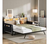 Canapé-lit métallique, 90 x 200 cm, avec lit gigogne réglable, armoire de rangement, 3 tiroirs, compartiments de rangement, éclairage LED et port USB, noir.