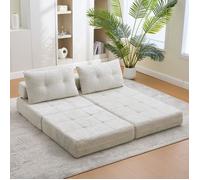 Canapé-lit pliable 1 place en chenille beige 79 x 180 cm avec 2 coussins, chauffeuse de sol convertible