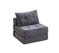 Canapé-lit pliable gris en chenille avec coussins et dossier