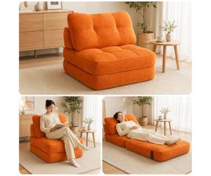 Canapé-lit Pliable sans Armature en Velours côtelé Orange, Fauteuil Paresseux Convertible 2-en-1, Mousse Haute résilience, 93x90,6x83 cm, Support 150 kg, Confortable et modulable