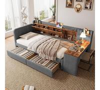 Canapé-lit pour enfant 90x200 avec prise USB et bureau, canapé-lit convertible avec 2 tiroirs et compartiment de rangement rabattable, lit de jour avec sommier à lattes, sans matelas, couleur lin, gri