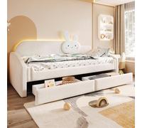 Canapé-lit pour enfant, dimensions 90 x 200 cm, avec 2 tiroirs, éclairage LED, coussin en forme de lapin, côtés rembourrés et sommier à 12 lattes, revêtement en velours