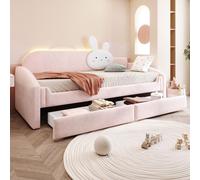 Canapé-lit pour enfant, dimensions 90 x 200 cm, avec 2 tiroirs, éclairage LED, coussin en forme de lapin, accoudoirs rembourrés et 12 lattes, revêtement en velours, couleur rose