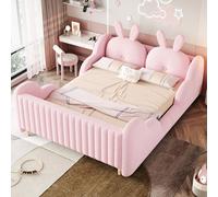 Canapé-lit pour enfant Flieks 140 x 200 cm avec coussin amovible, lit rembourré double pour enfant avec barrière de sécurité, lit de sol/lit de jour en velours, rose
