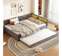 Canapé-lit pour enfants 140x200 avec éclairage LED et prise USB, canapé-lit convertible avec lit escamotable, canapé-lit de jour avec sommier à lattes, meubles de chambre, sans matelas, couleur lin, g