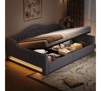 Canapé-lit rembourré 140 x 200 cm avec bande LED et espace de rangement en dessous, gris