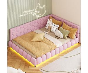 Canapé-lit Rembourré 140 x 200 cm avec LED et USB, Canapé Lit 2 Place 140x200 avec Sommier à Lattes, Cadre de Lits Banquette avec Tête de Lits Capitonné pour Adultes et Adolescentes (Rose-3, 140x200)