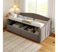 Canapé-lit rembourré 90×200 cm, Lit simple avec rangement hydraulique, sommier à lattes et accoudoirs, rayures classiques, Canapé-lit multifonctionnel, tissu velours, Gris foncé (matelas non inclus)