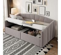 Canapé-lit rembourré 90×200 cm, Lit simple avec rangement hydraulique, sommier à lattes et accoudoirs, rayures classiques, Canapé-lit multifonctionnel, tissu velours, Gris clair(matelas non inclus)