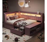 Canapé-lit rembourré 90 x 200 cm avec port USB et bande lumineuse LED, comprenant un meuble à chaussures et deux tiroirs, rose