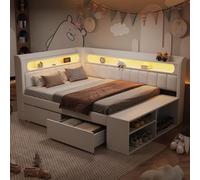 Canapé-lit rembourré 90 x 200 cm avec port USB et bande lumineuse LED, comprenant une armoire à chaussures et deux tiroirs, blanc.