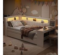 Canapé-lit rembourré 90 x 200 cm avec ports USB et bande LED, avec lit gigogne et bureau, blanc
