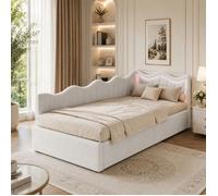 Canapé-lit rembourré 90x200 cm avec sommier lit coffre hydraulique avec éclairage LED Lit capitonné simple Tissu Teddy blanc