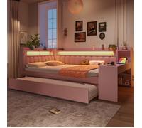 Canapé-lit rembourré, avec port USB, ceinture LED, lit gigogne et bureau, 140 x 200 cm, lit multifonctionnel (sans Matelas), Rose