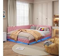 Canapé lit simple L-Shaped 140 x 200 cm avec éclairage LED et port USB, tissu Teddy Rose, structure en métal avec lattes en bois - Design compact pour petites chambres (Rose-C, 140 x 200 cm)
