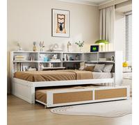 Canapé-lit Sweiko 140x200 avec lit gigogne Lit simple Lit d'enfant avec de nombreux compartiments de rangement et prise de charge Blanc