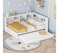Canapé-lit Sweiko 140x200, lit extensible 90x190 avec prise USB et plusieurs compartiments de rangement, lit en bois massif, lit double, lit multifonctionnel en bois, blanc .