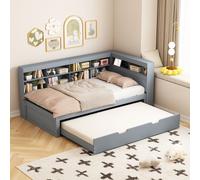 Canapé-lit Sweiko 90x200, lit extensible 90x190 avec prise USB et plusieurs compartiments de rangement, lit en bois massif, lit simple, lit multifonctionnel en bois, gris.