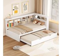 Canapé-lit Sweiko 90x200, lit extensible 90x190 avec prise USB et plusieurs compartiments de rangement, lit en bois massif, lit simple, lit multifonctionnel en bois, blanc.