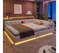 Canapé-lit Sweiko, Daybett, lit de jour, 140x200cm, Canapé-lit avec sommier à lattes (sans matelas), éclairage d'ambiance avec télécommande, tête de lit avec boutons, Usb+Typ-c, lin, Beige