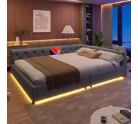 Canapé-lit Sweiko, Daybett, lit de jour, 140x200cm, Canapé-lit avec sommier à lattes (sans matelas), éclairage d'ambiance avec télécommande, tête de lit avec boutons, Usb+Typ-c, lin, gris
