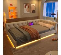 Canapé-lit Sweiko, Daybett, Lit de jour, 90x200cm, Canapé-lit avec sommier à lattes (sans matelas), éclairage d'ambiance avec télécommande, tête de lit avec boutons, Usb+Typ-c, Lin, Beige