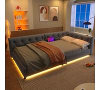 Canapé-lit Sweiko, Daybett, lit de jour, 90x200cm, Canapé-lit avec sommier à lattes (sans matelas), éclairage d'ambiance avec télécommande, tête de lit avec boutons, Usb+Typ-c, lin, gris