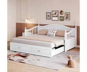 Canapé-lit Sweiko en bois massif 90/180x190 cm, avec tiroirs et sommier à lattes, lit multifonctionnel en pin, blanc