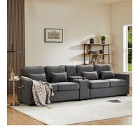Canapé moderne 4 places, lin, console, 2 porte-gobelets, 2 ports de chargement USB avec câble, poches de rangement dans, 4 coussins