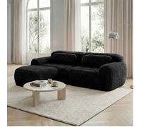 Canapé modulable 204x179x73cm, Sofa d'angle en peluche noir, 2 places, design moderne et luxe, ultra-doux, avec pouf et coussins.