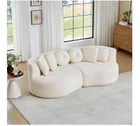 Canapé modulable 3 places 2 pièces en chenille beige, forme demi-lune, dossier continu, 6 coussins
