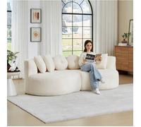 Canapé modulable 3 places 2 pièces en chenille beige, forme incurvée demi-lune, dossier continu, 6 coussins