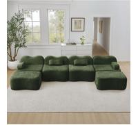 Canapé modulable 4 places en U EVRYAE, 384 cm, 2 poufs, velours vert, mousse 32D, livré monté