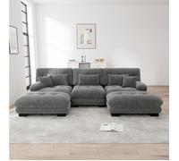 Canapé modulable d'angle 3 places en chenille gris convertible avec ottoman assise profonde grand format