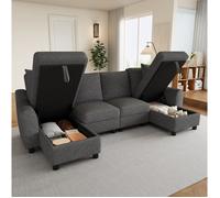 Canapé modulable en U 4 places avec double méridienne et rangement, 2 coussins, chenille gris 280 × 137 × 84 cm - UVRION