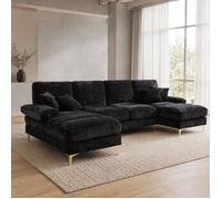 Canapé modulable en U 4 places double méridienne avec accoudoirs - TCQPZ - pieds métalliques dorés, chenille noir
