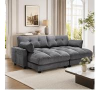 Canapé modulable en velours - Velours côtelé gris - 2 places modulables - 2 coussins inclus - 4 porte-gobelets