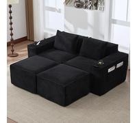 Canapé modulaire - 2 places avec 2 repose-pieds - Tissu cordé - Structure à ressorts - Mousse à haute densité - Porte-gobelets et poches latérales - Noir
