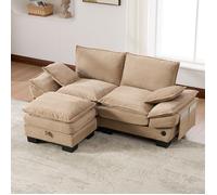 Canapé modulaire 2 places en velours côtelé - Avec pouf - Port USB-C intégré - Poches latérales - 190x132x84 cm - Khaki