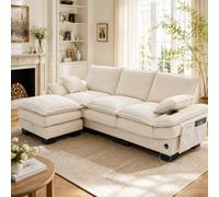 Canapé modulaire 3 places en corduroy, avec repose-pieds, ports USB-C, poches latérales, rembourrage en mousse haute densité, design ergonomique (noir)
