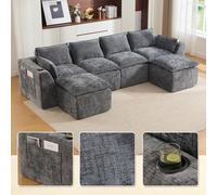 Canapé modulaire 4 places avec 2 repose-pieds, coussins, porte-gobelets, confortable, gris foncé