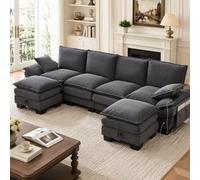 Canapé Modulaire 4 Places en Velours Côtelé avec 2 Poufs, Gris Foncé