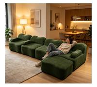 Canapé modulaire Boneless en forme L 4 places avec 1 pouf,forme D'onde,mousse haute densité 32D,coussin D'accoudoir mobile,Vert