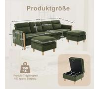 Canapé modulaire en forme de U - 4 places - Revêtement en velours - 2 poufs avec rangement - Structure en bois - Style moderne - Vert