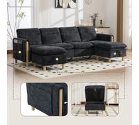Canapé modulaire en forme de U, revêtement en chenille, 4 places, 2 poufs avec rangement, structure en bois, style moderne, assemblage requis, couleur noire