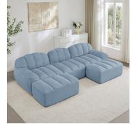 Canapé modulaire en U - 3 places - 2 ottomans - Mousse haute densité 32D - Siège profond - Velours côtelé - Bleu